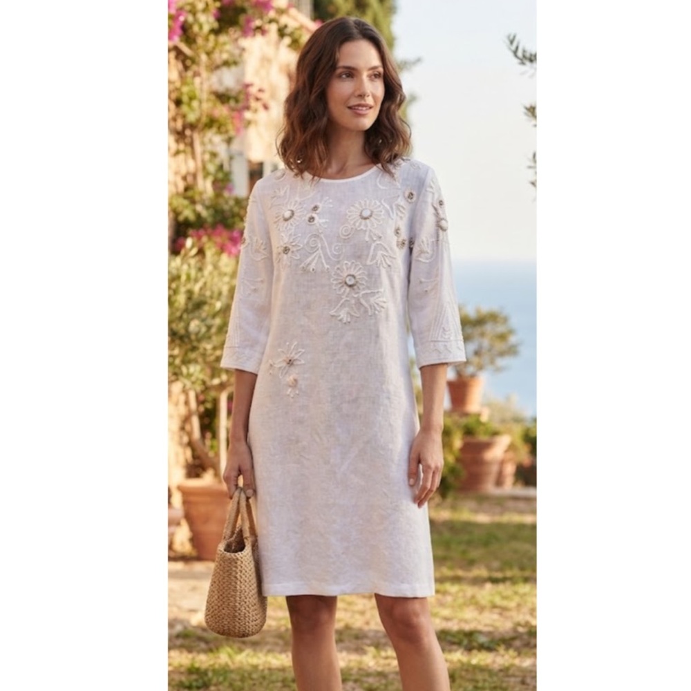 Megan Park Linen Blend Embroidered Beaded Dress